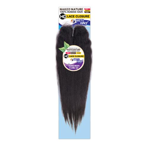 Naked Nature Brazilian Virgin Remy Human Hair Weave Wet N Wavy 2.25x4 HD Lace Closure Bohemian Curl 12"