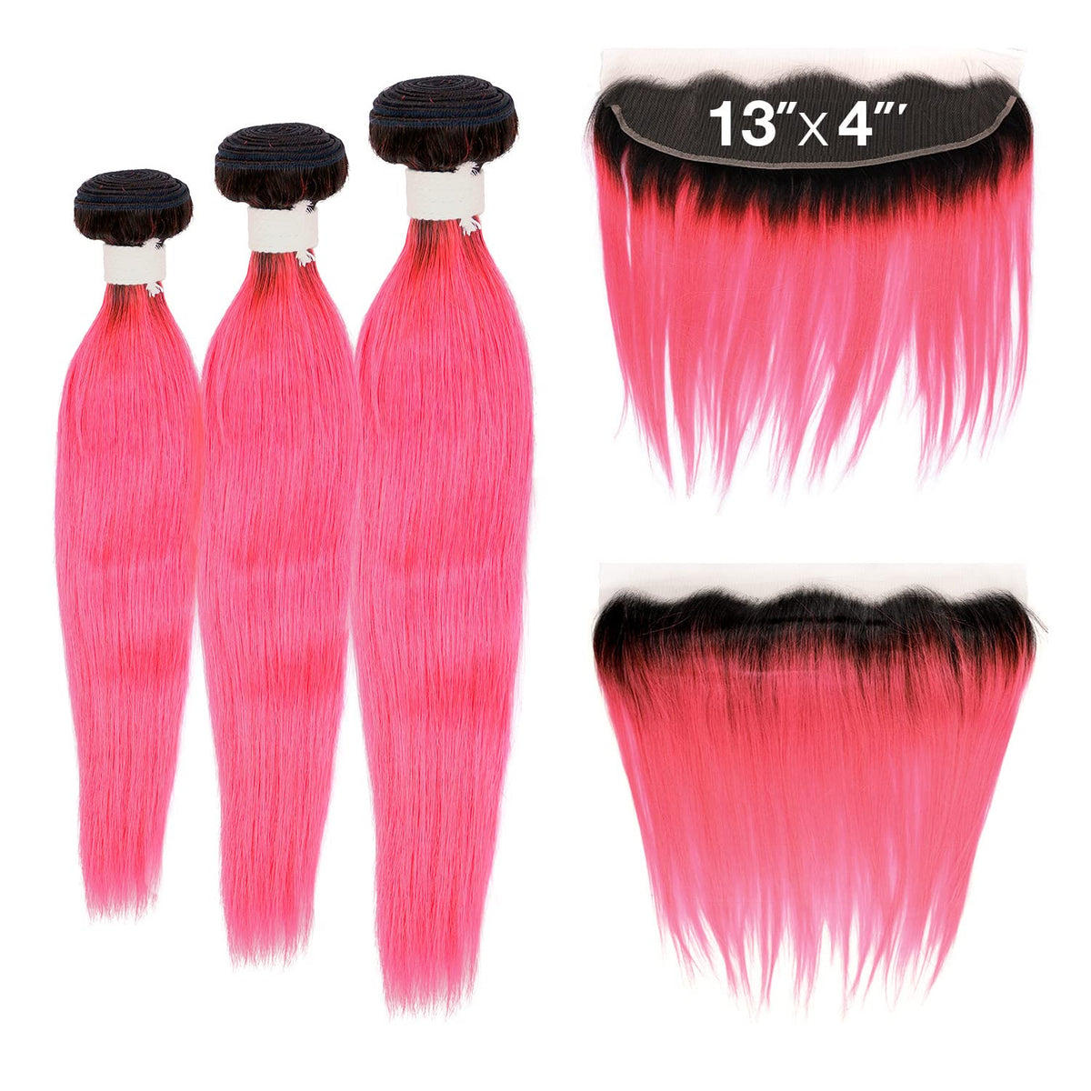 Ali Bundles Unprocessed Brazilian Virgin Human Hair Weave Color Bundles Straight 3Pcs + 13X4 Closure (#OTN/PINK) ([18"+20"+22"with14"], OTN/PINK)