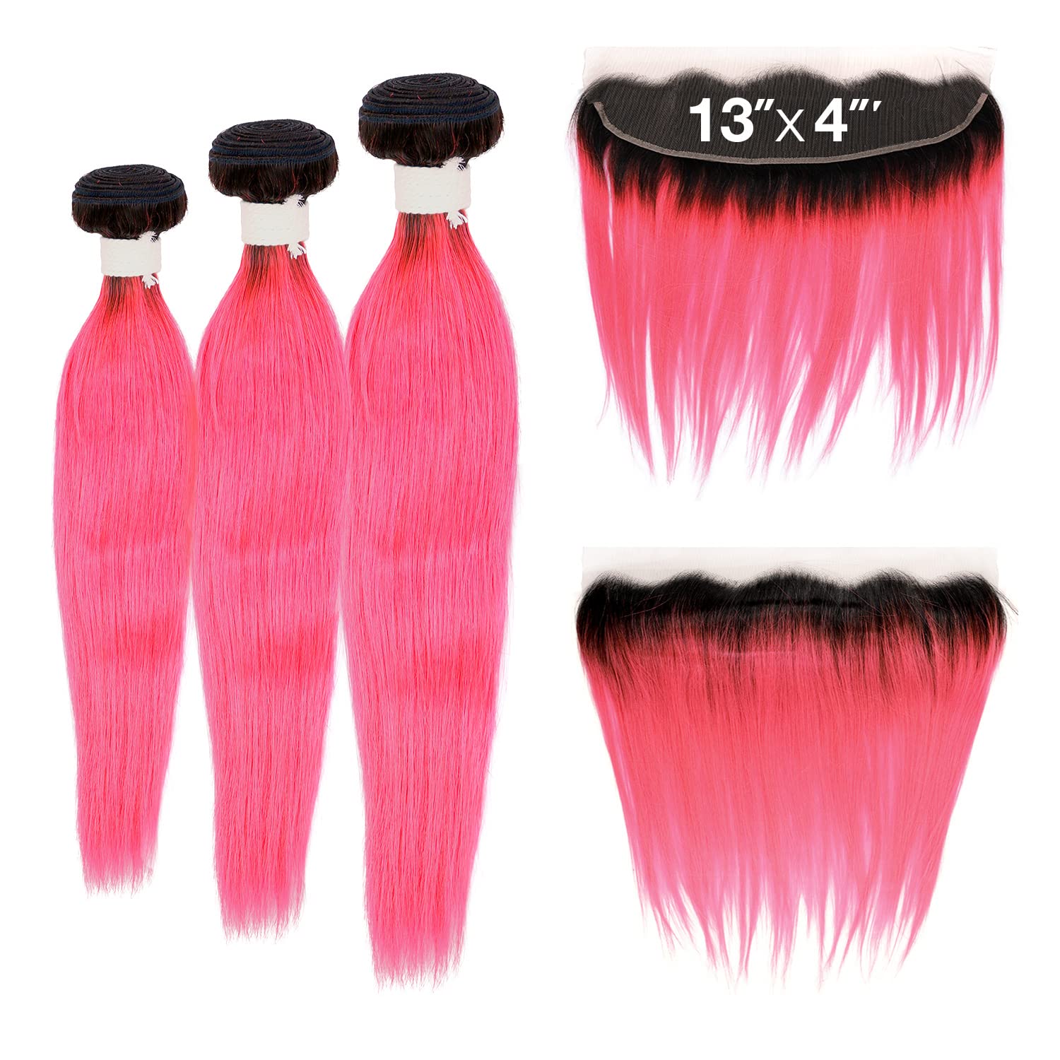 Ali Bundles Unprocessed Brazilian Virgin Human Hair Weave Color Bundles Straight 3Pcs + 13X4 Closure (#OTN/PINK) ([18"+20"+22"with14"], OTN/PINK)