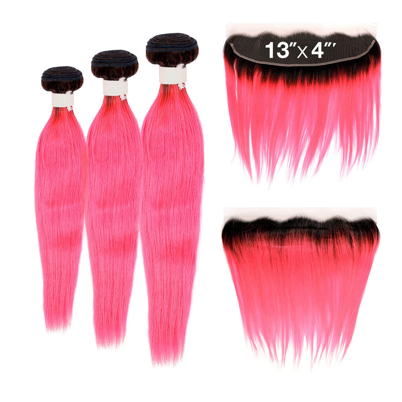Ali Bundles Unprocessed Brazilian Virgin Human Hair Weave Color Bundles Straight 3Pcs + 13X4 Closure (#OTN/PINK) ([18"+20"+22"with14"], OTN/PINK)