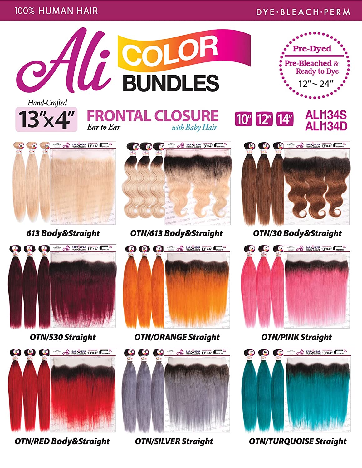 Ali Bundles Unprocessed Brazilian Virgin Human Hair Weave Color Bundles Straight 3Pcs + 13X4 Closure (#OTN/RED) ([16"+18"+20" with12"], OTN/RED)