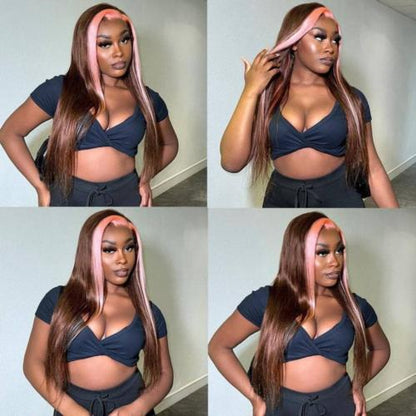 UpScale 100% Human Hair Glueless Pre Plucked 13x6 Lace Frontal Wig Pink Brown Highlight Straight 20"