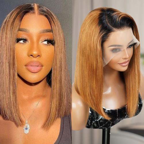 UpScale 100% Human Hair Glueless Pre Plucked 13x4 Lace Frontal Wig Ombre Honey Blonde Bob 14"