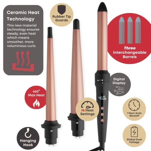 Hot & Hotter 3 in 1 Interchangeable Digital Ceramic Curling Wand Set Find Your New Look Today!