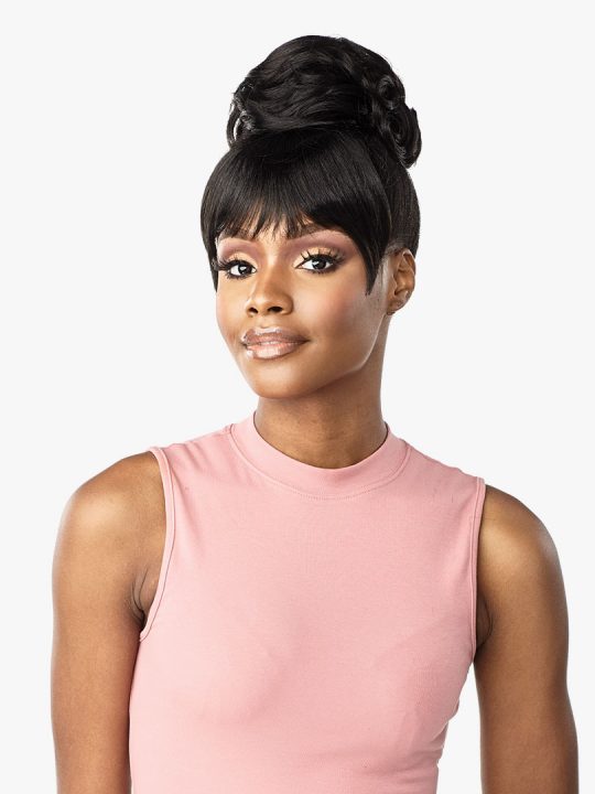 Sensationnel ILA Messy bun with full bangs that shape the face and cheekbones