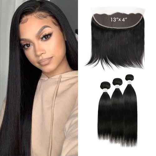 Vogue Hair 100% Virgin Human Hair Brazilian Bundle Hair Weave 6A Natural Straight with 13X4 Lace Frontal Closure Find Your New Look Today!